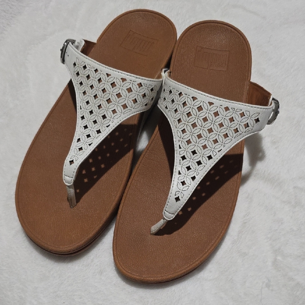 White and Brown Studded Sandals with‎ Flat Sole